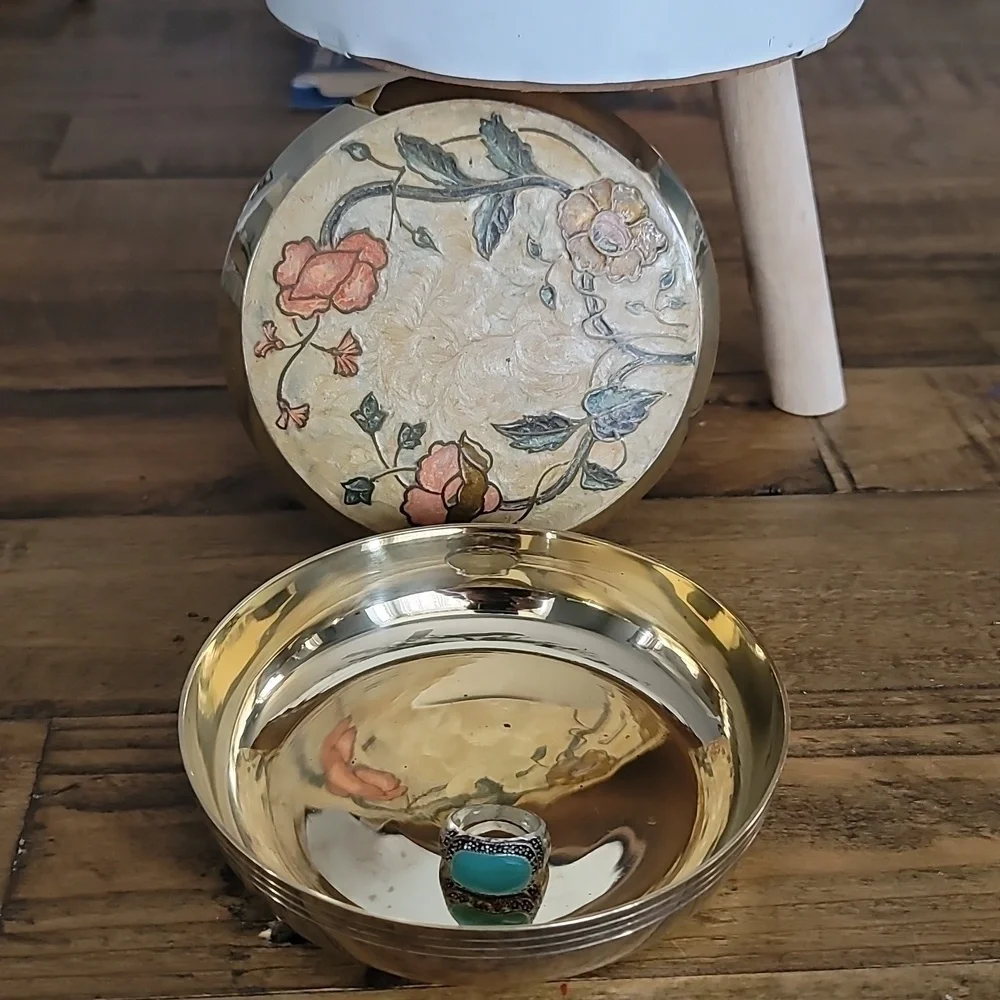 Vintage Solid Brass Gold MCM Floral Jewelry Box
